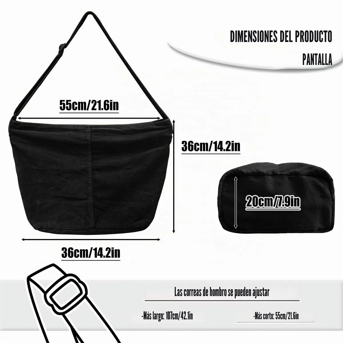 X SIM FITNESSX Bolso bandolera unisex de pana grande, para mujer, para el día a día, oficina, escuela, viajes