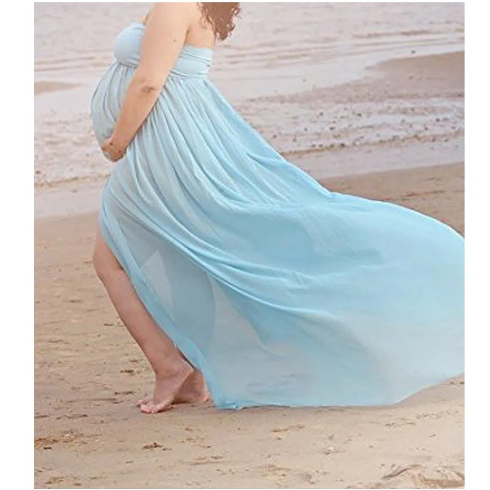 Mujer Embarazada Gasa Larga Vestido de maternidad Split Vista delantera foto Shoot Dress Faldas fotográficas de maternidad