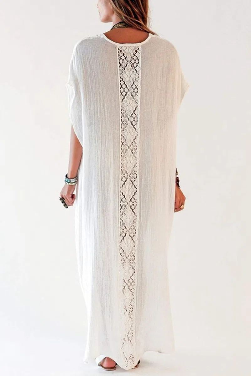 Algodón Hollow Up Floral Caftán Suelto Boho Beach Bikini Cover Up Vestido Tallas Grandes Loungewear para Mujeres