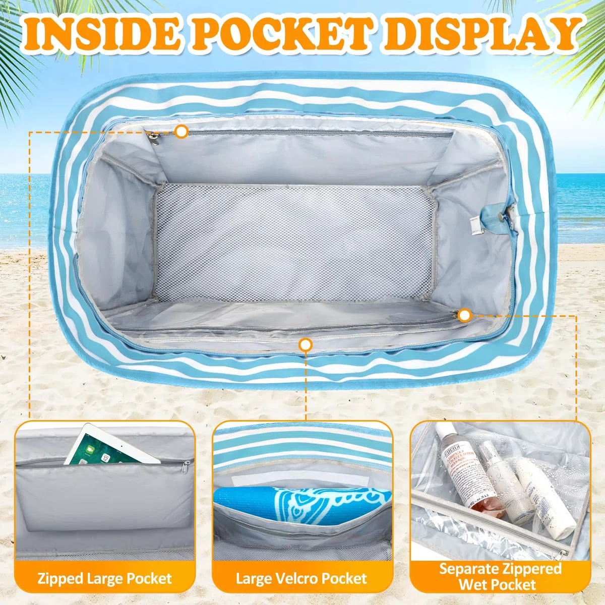 TEUEN Grande Bolsa de Playa XXL, Plegable Bolsa Playa Familiar con Cremallera Bolsa de Viaje Shopper Bolso de Hombro Mujer Tote Bag de mano para Playa Vacaciones,Compras,Trabajo,Viaje