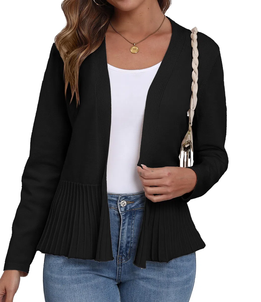 GRECERELLE Cárdigan de punto para mujer con dobladillo plisado, ligero, manga larga, cárdigan para mujer, corto, elegante, informal, con frente abierto, bolero Cover Up