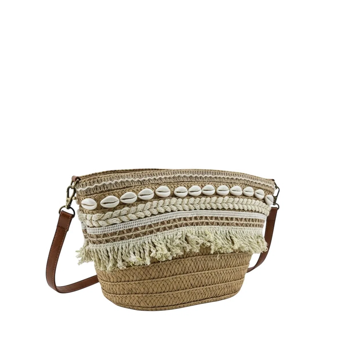 MODELISA - Bolso Bandolera Capazo Rafia Paja Con Conchas Y Flecos Estilo Bohemio Mujer