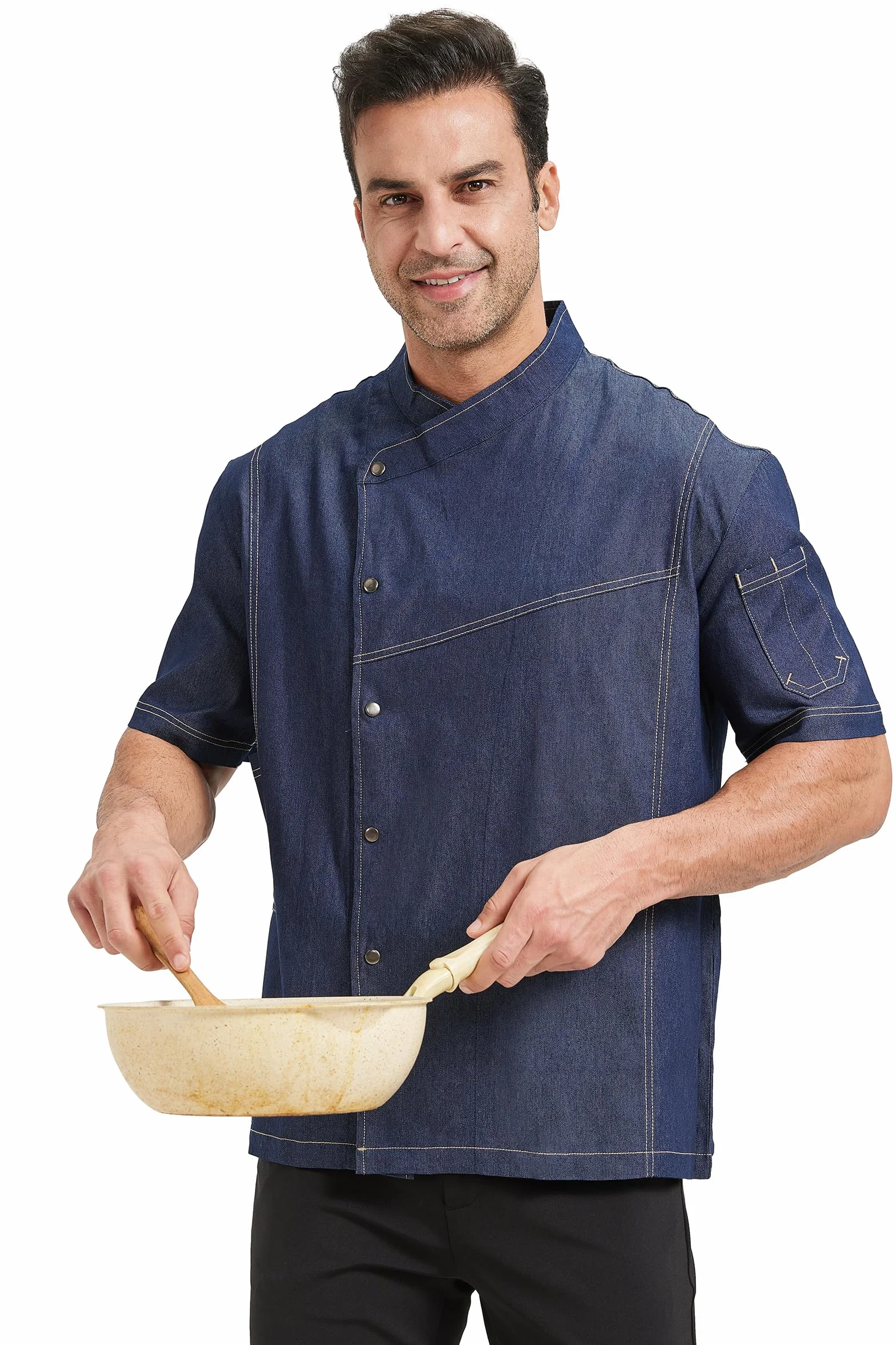 Nanxson Chaqueta de Chef Chaqueta de Chef Denim de Bolsillo para Hombre de Manga Larga Uniforme de Chef para Cocina de Restaurante