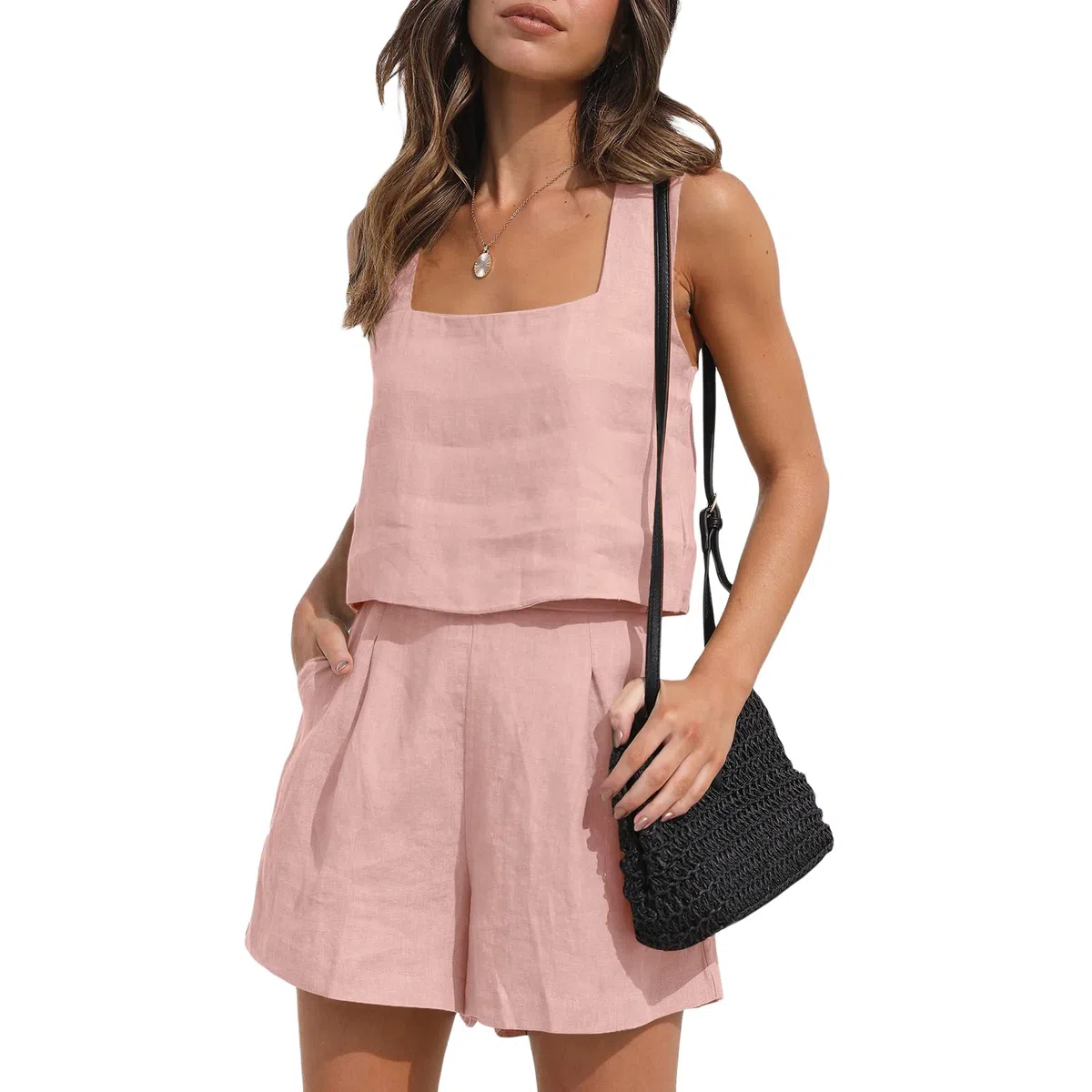 Conjunto de ropa de verano de dos piezas para mujer, de lino, 2 piezas, con pantalones cortos de cintura alta, 2 piezas de ropa
