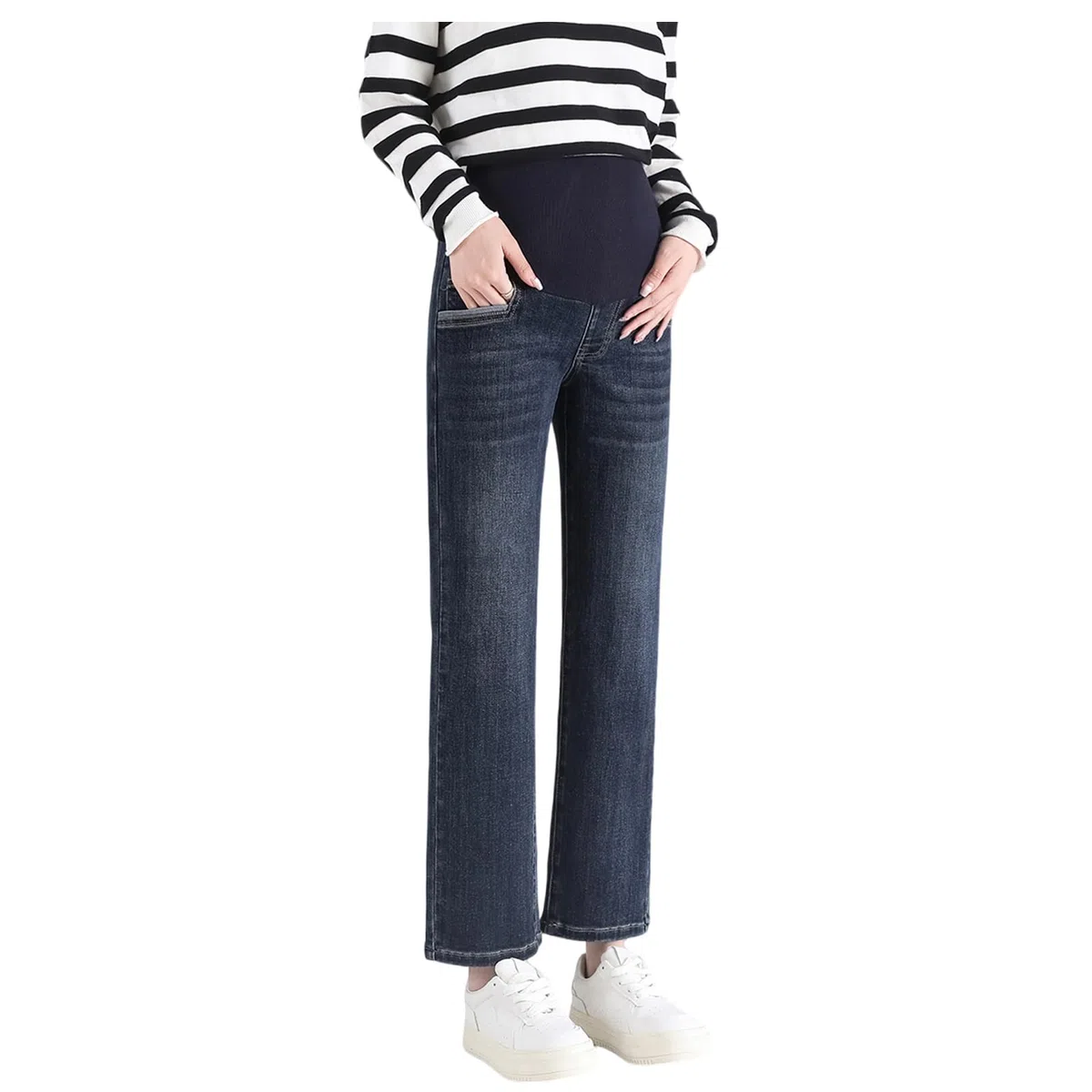 Vaqueros de maternidad de pierna recta con cinturón ajustable - Pantalones 3/4 estilizados y prácticos, ideales para mujeres de estatura pequeña (Talla corta)