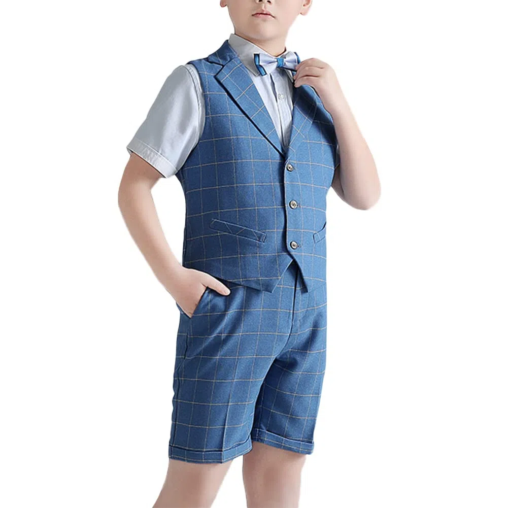 Traje Corto de Boda para Niños,Conjunto de Chaleco de Traje Azul a Cuadros para Bebé Niño Talla Grande Chicos Graduación Trajes Elegante Fiesta Bautizo Ceremonia Traje Formal de Caballero