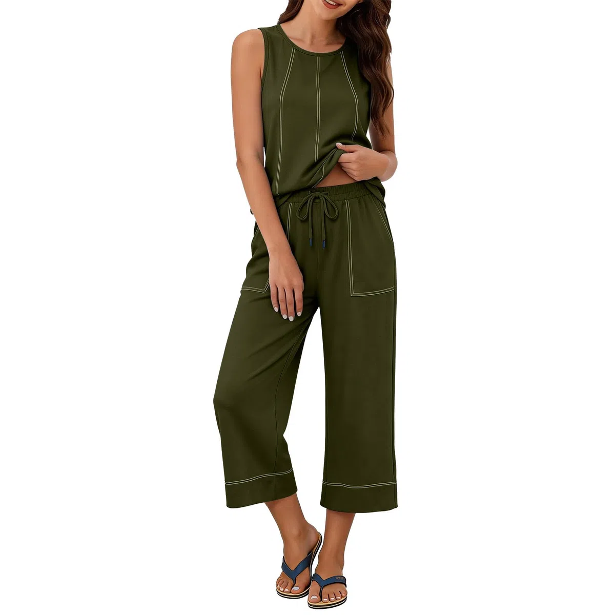 Traje de verano de dos piezas para mujer, sin mangas, monocolor, ropa de ocio, cómodo conjunto de camiseta y pantalones
