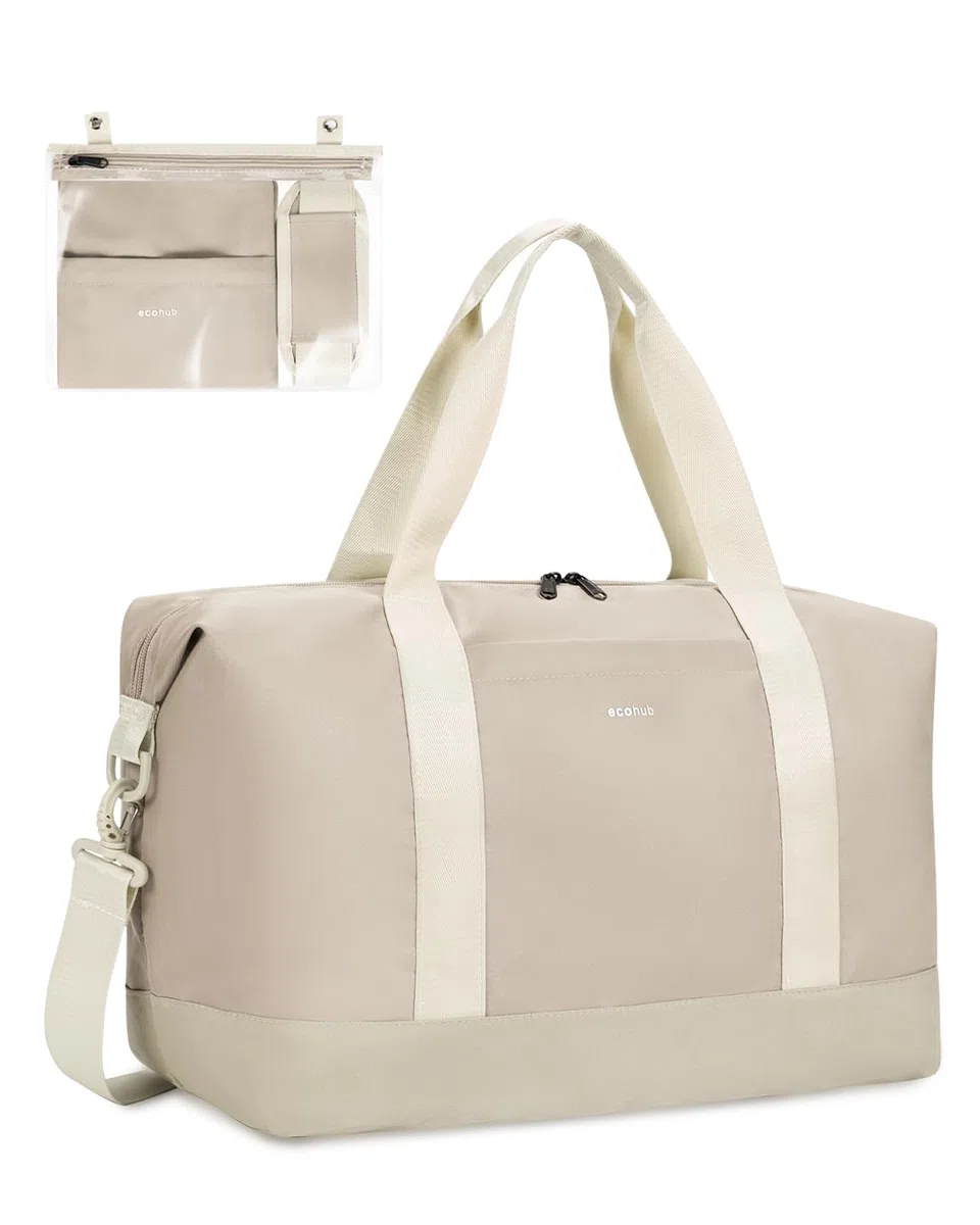 ECOHUB 30L Bolsa de Viaje Mujer, 45x36x20 Equipaje de Mano Avion, Bolsa Gimnasio Mujer con Bolsillo Húmedo Extraíble, Plegable Bolso Maternidad Hospital, Patente Pendiente(Beige) | Equipaje Cabina Bajo Asiento con Bolsillo Húmedo para Fin de Semana y Gimn