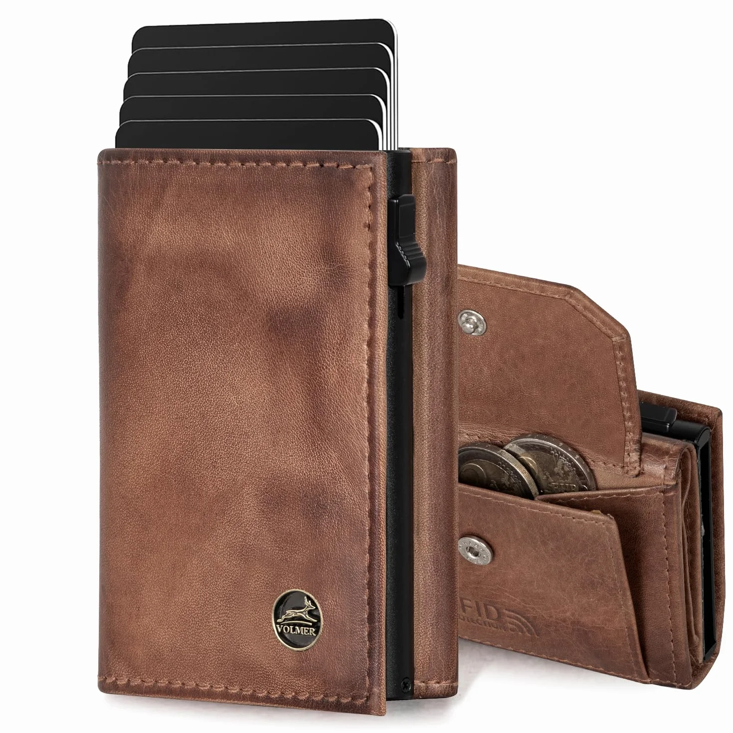 Fa.Volmer Pop-UP VO44P - Tarjetero con Compartimento para Monedas de Piel auténtica para Hombre y Mujer, 11 Tarjetas, protección RFID, Anteque Brown, 6 x 9,5 x 2,5cm, Contemporáneo