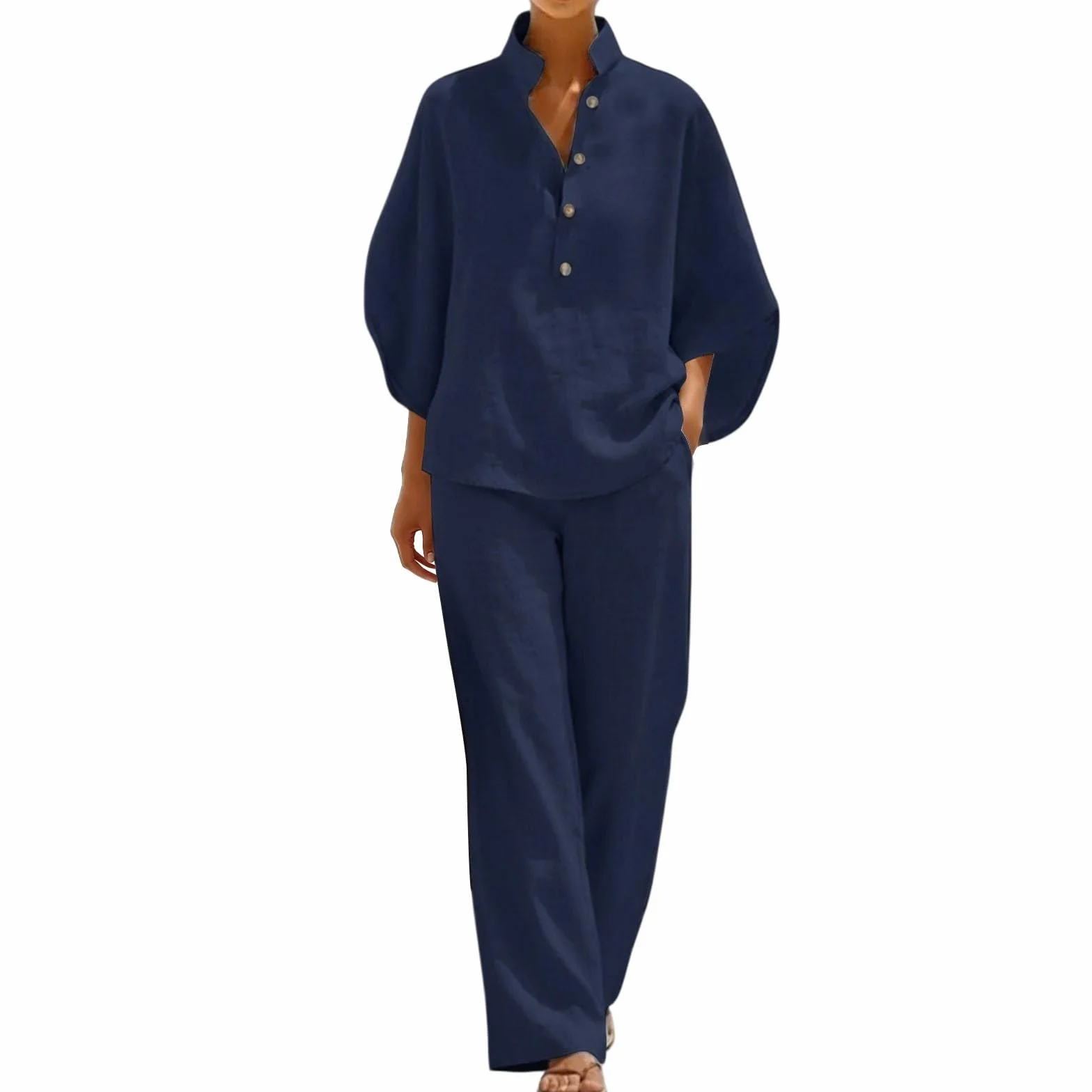 Summer Co Ord - Conjuntos de 2 piezas para mujer, ropa de algodón y lino, cuello en V, manga 3/4, pantalones de pierna ancha con bolsillo, conjuntos de ropa de descanso para mujer