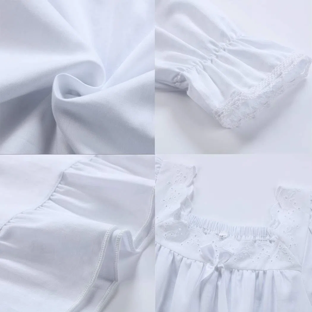 Niña Manga Larga Pijama de Algodón de Vestido de Noche Camisones para Niñas Blanco,90-150 Cm