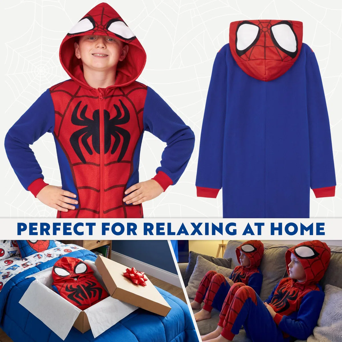 Marvel Spiderman Pijama Entero Niño, Acogedor Mono Pijama Polar, Todo en Uno Encapuchado Ropa de Dormir, Regalos para Niños