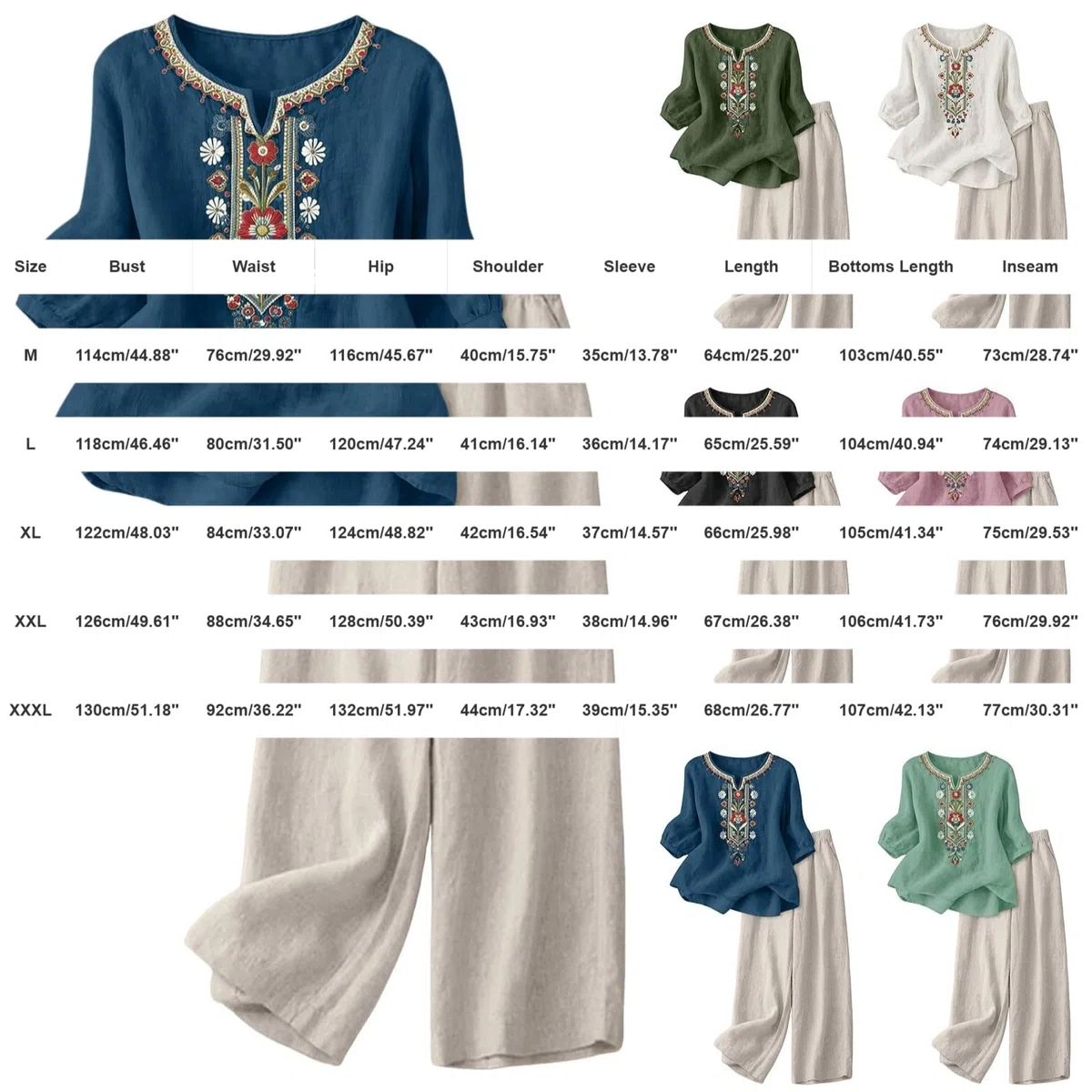 Conjunto de Mujer con Pantalones de Lino y Algodón Elegante Juego de Verano Completo Drop Shoulder Camiseta Vintage Bordado Casual dos Piezas Curvy Señora Traje de Playa para el Verano