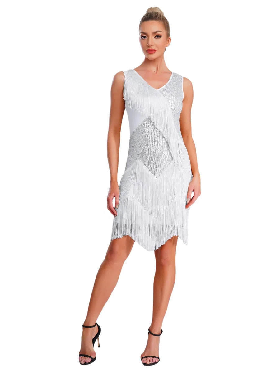 TTAO Vestido de baile latino para mujer, sin mangas, con flecos, borla, vintage, de los años 20, para cóctel, baile, tangos, salsa