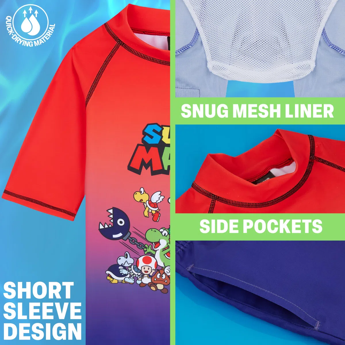 Get Trend Super Mario Conjunto Niño de Baño 7-13 Años, Camiseta Manga Corta UPF 50+ y Bañador Niño, Regalo para Piscina Playa