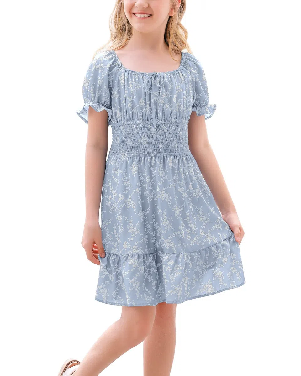 Goranbon Vestido floral de verano para niñas 2025, manga abombada, cuello cuadrado, fruncido, vestido de sol