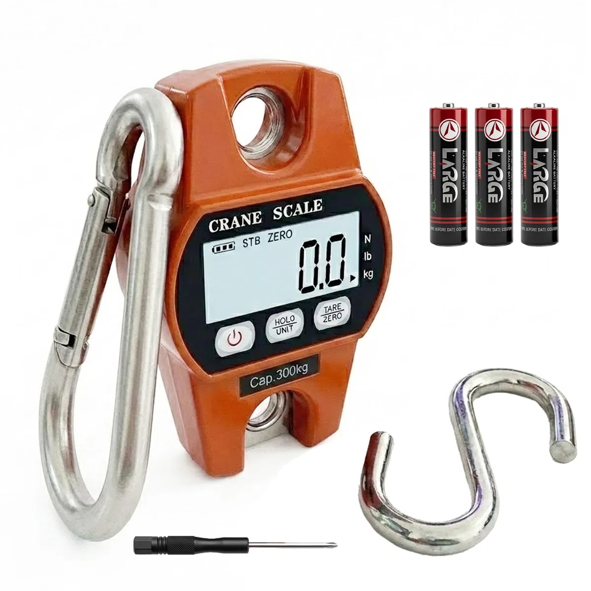 Bascula Digital Colgante 300 KG 100 g Precision, Bascula Portatil con Gancho Pantalla LCD, Balanza Electronica para Pesca Caza Equipaje y Uso Exterior, Color Naranja