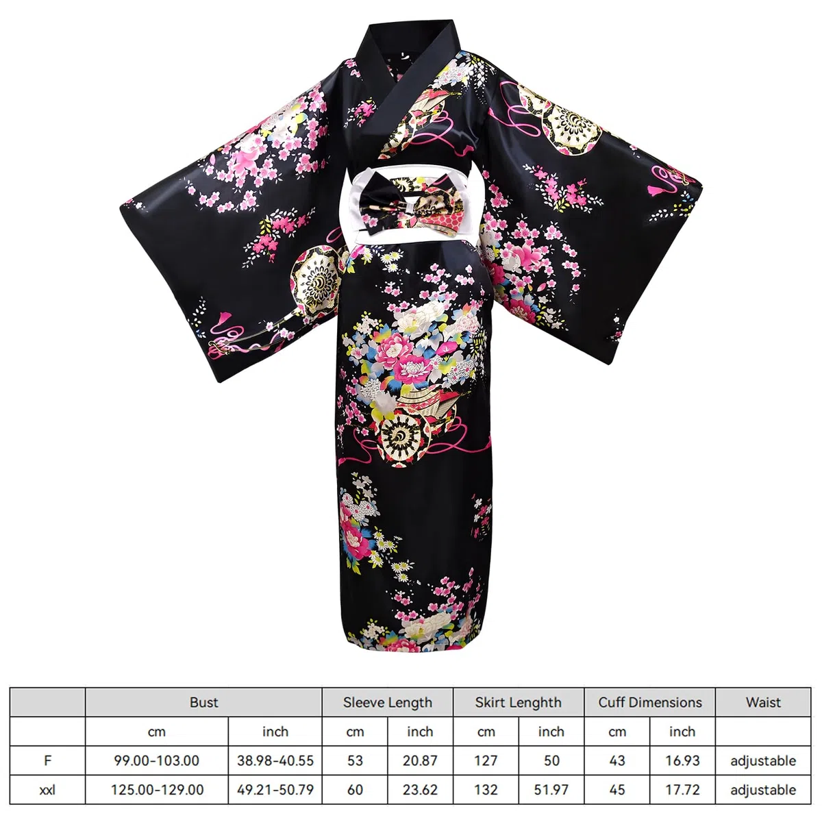 PLULON 5 uds bata japonesa Geisha Yukata vestido flor albornoz de satén con bolsa con cordón abanico de mano horquilla Tabi conjunto de calcetines