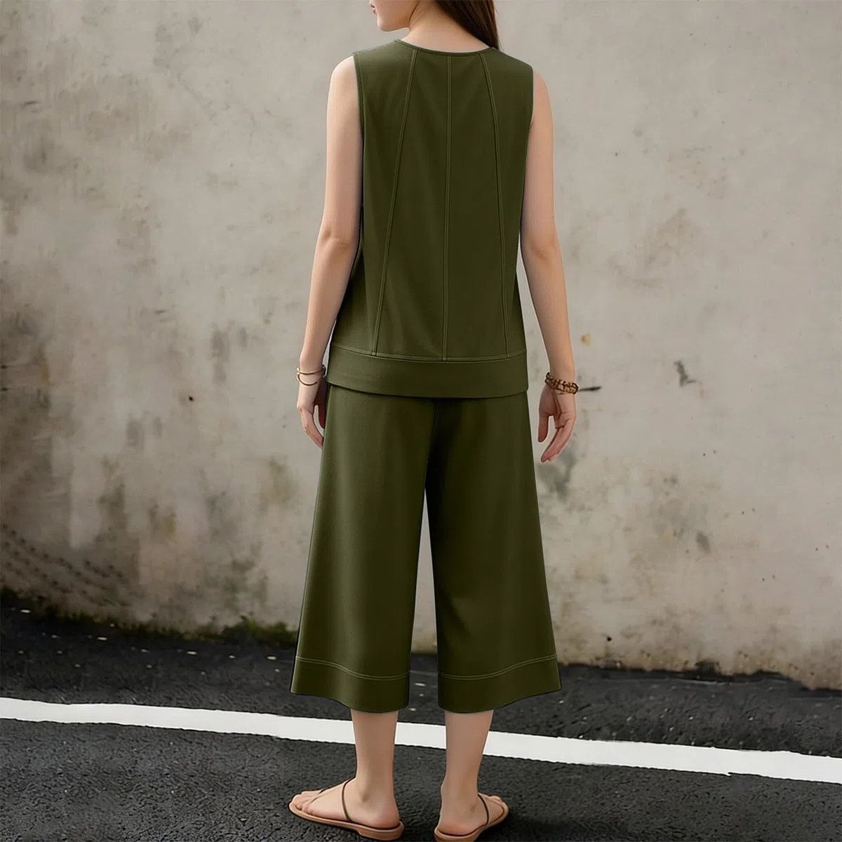 Traje de verano de dos piezas para mujer, sin mangas, monocolor, ropa de ocio, cómodo conjunto de camiseta y pantalones