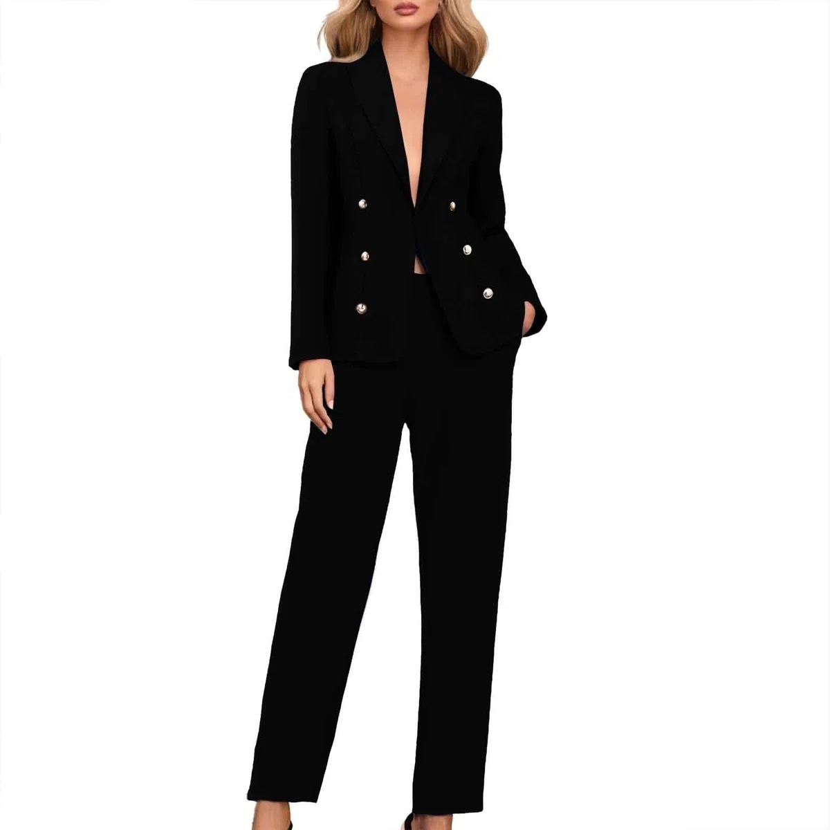 Tailleur - Conjunto de 2 piezas para mujer, elegantes y curvas, pantalones y chaqueta de ceremonia, traje de negocios, conjunto de pantalón y blazer de manga larga, color liso, para bodas y
