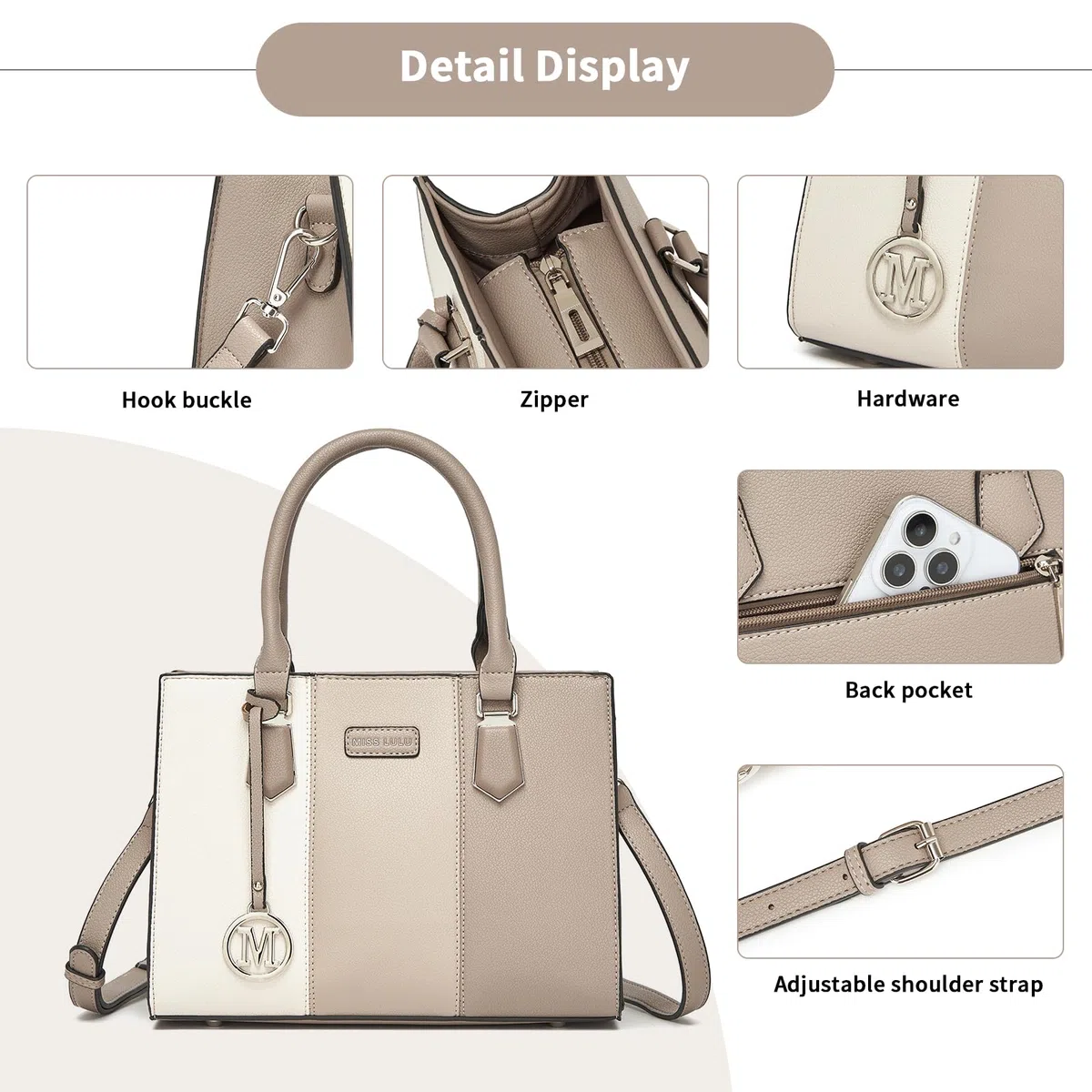 Miss Lulu Bolsos de Mujer,Bolso de Mano Tri-color en Material PU,Ideal para Estudiar Trabajar y Uso Cotidiano