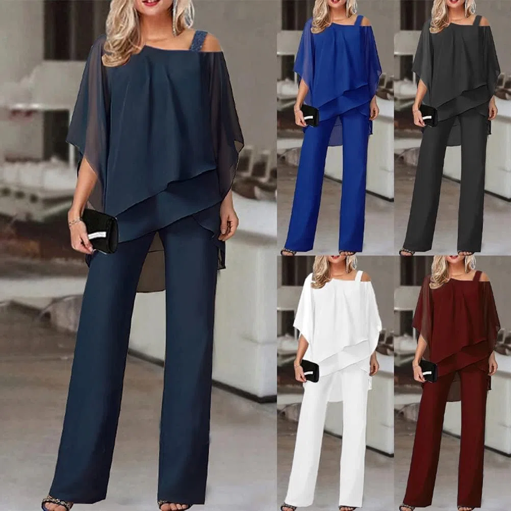 Generisch Traje de pantalón para mujer, elegante, vintage, juego de 2 piezas, traje de noche con tul, camiseta de gasa de dos piezas, camiseta de gasa y cintura alta, cóctel festivo, traje de pantalón