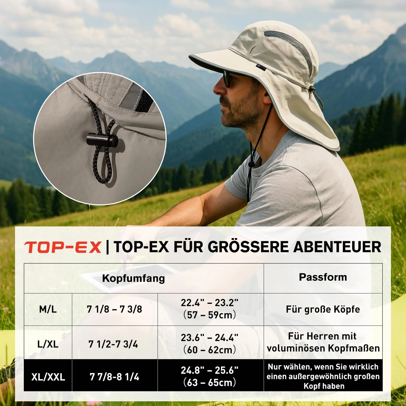 TOP-EX XL/XXL Unisex Sombrero de sol para hombre de ala ancha Sombrero de protección solar con protección para el cuello Soporte para gafas de sol al aire libre Safari Sombrero de verano impermeable y