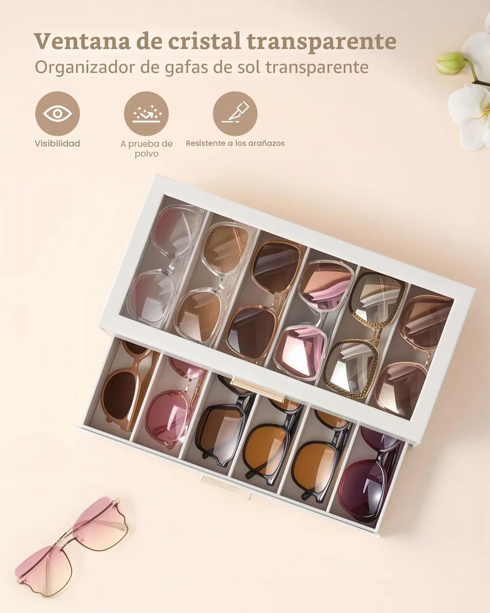 Lolalet 6 Relojes Estuche para gafas de sol para mujer, organizador de gafas con tapa transparente y expositor -Beige