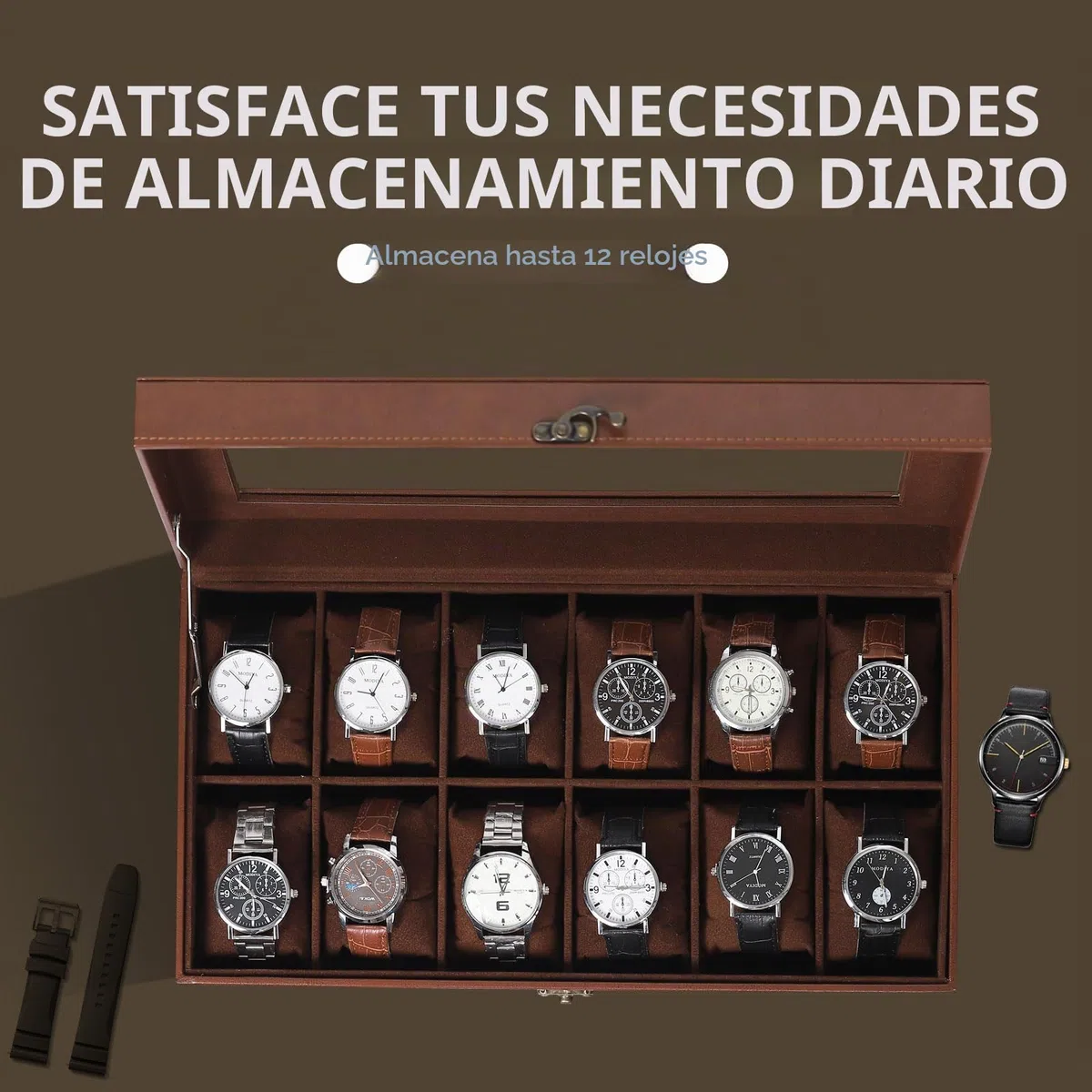 AUTOARK MKAW103 - Caja de reloj de cuero y terciopelo con tapa de cristal, organizador de joyas con cerradura, almohadas extraíbles para reloj, café, MKAW103
