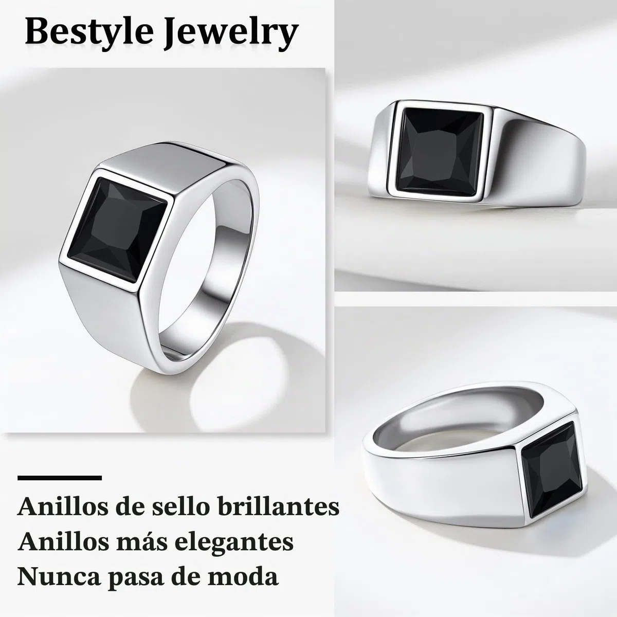 Bestyle Anillo de Sello Cuadrado Hombre Ancho 8mm Piedra Negro/Azul | Acero Inoxidable Personalizados Anillos para Mujer Hombre Tamaño 14.5-32.5