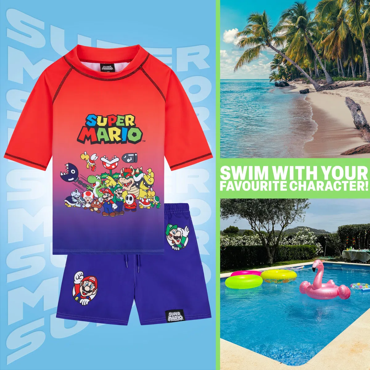 Get Trend Super Mario Conjunto Niño de Baño 7-13 Años, Camiseta Manga Corta UPF 50+ y Bañador Niño, Regalo para Piscina Playa