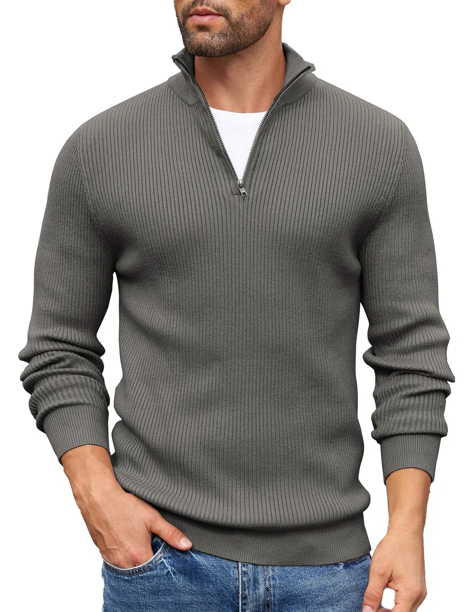COOFANDY Jersey Hombre Invierno Suéter Cuello Alto Regular Fit Jersey de Canalé con Cremallera de un Cuarto Suéteres de Punto