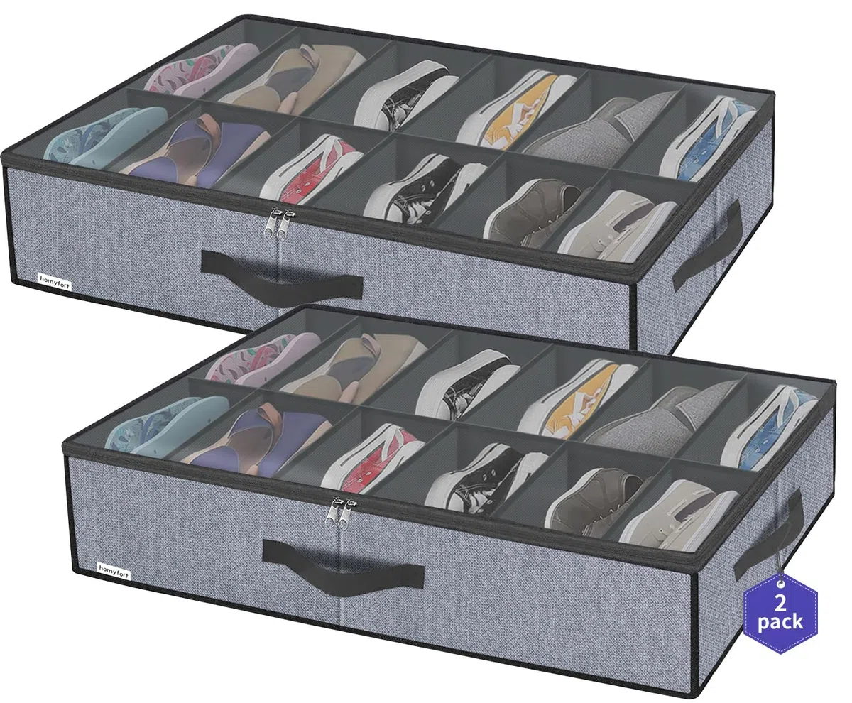 homyfort Juego de 2 bolsas de almacenamiento para zapatos con ventana transparente, organizador de zapatos con 2 compartimentos, caja de almacenamiento para debajo de la cama, lino gris, XDUBSB2P