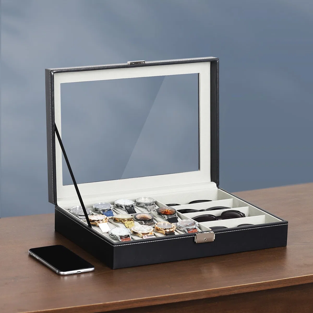 AUTOARK Caja de cuero para 12 relojes y organizador de lentes de sol de 4 piezas,para hombre y mujer,tapa grande de cristal,Negro,MKAW044