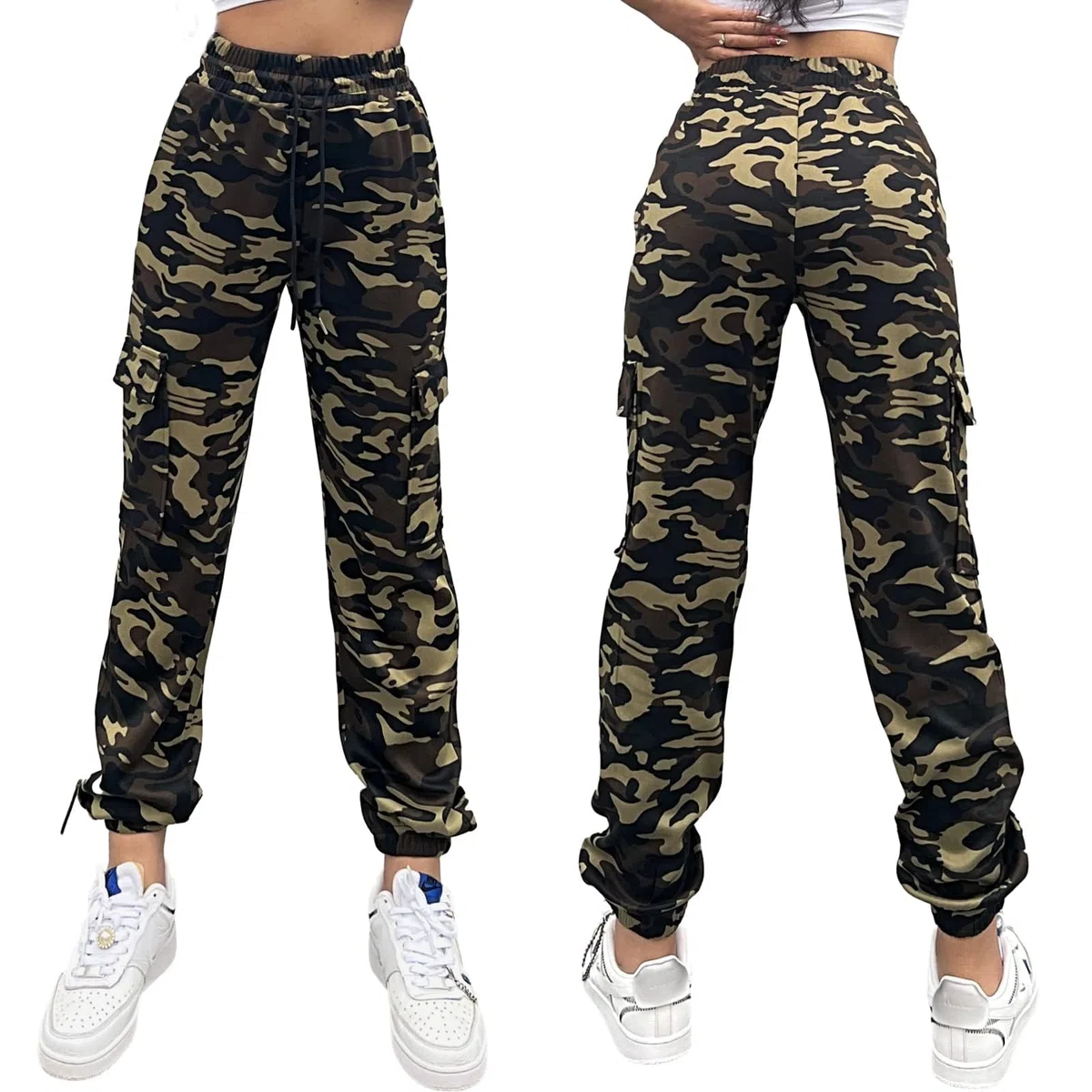 Nuofengkudu Joggers Camuflaje Pantalon Deportivo Mujer Elastico Cintura Alta con Cordon Cargo Bolsillos Tobilleros Harem Pantalones de Chándal Deporte Adolescente Jogging Casual