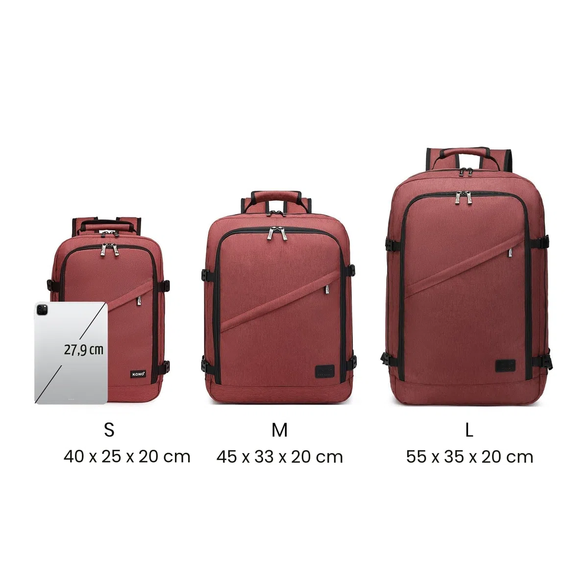 Kono Mochila Cabina 55x35x20cm Bolsa de Viaje Grande Bandolera Portátil 38L (Rojo)