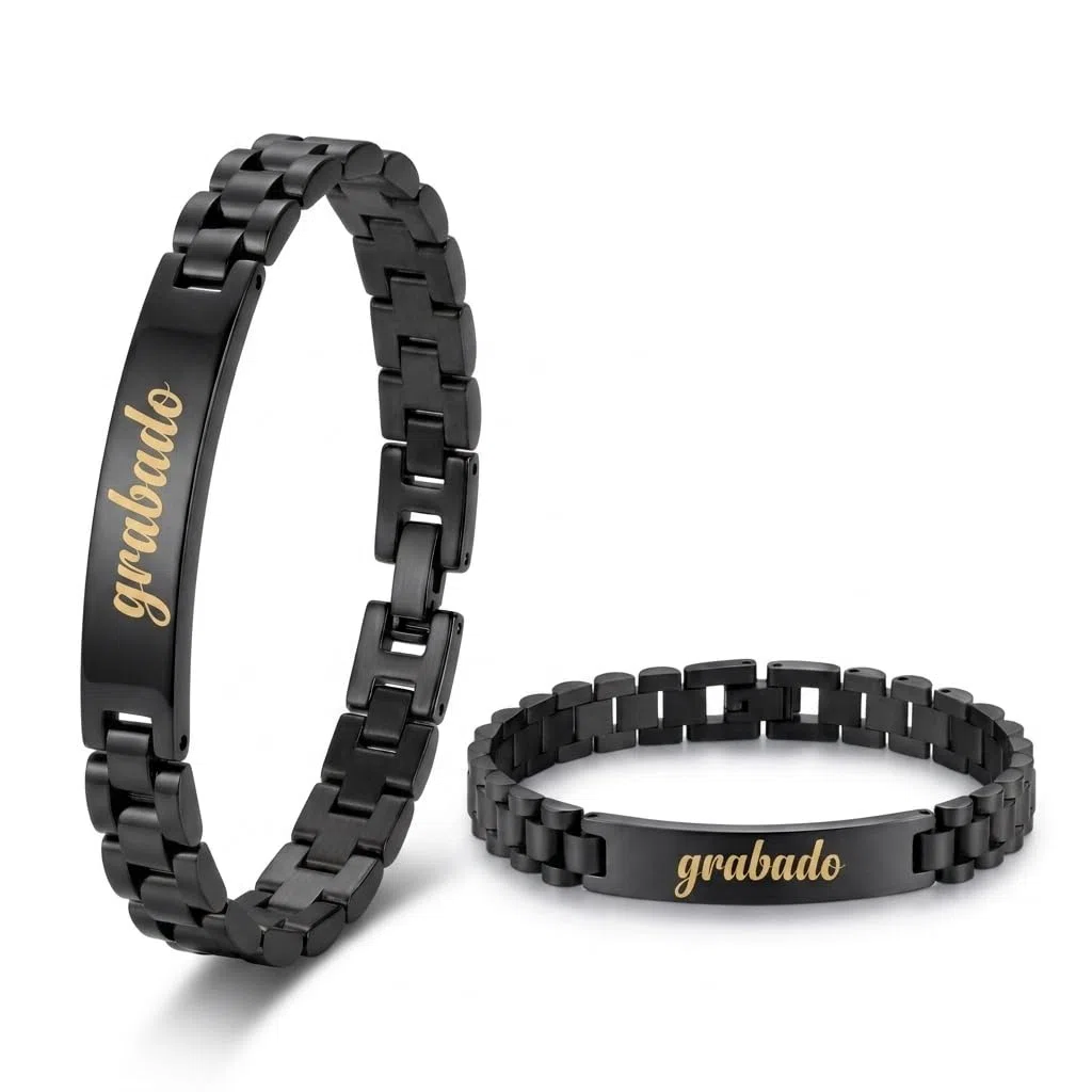 Pulsera Hombre Acero Inoxidable-Pulseras con Placa Grabable Personalizada-Grabado Personalizado Nombre Fecha-Regalo Pareja Aniversario Graduacion Cumpleaños (Negro/Oro/Plata/Bicolor/Azul)