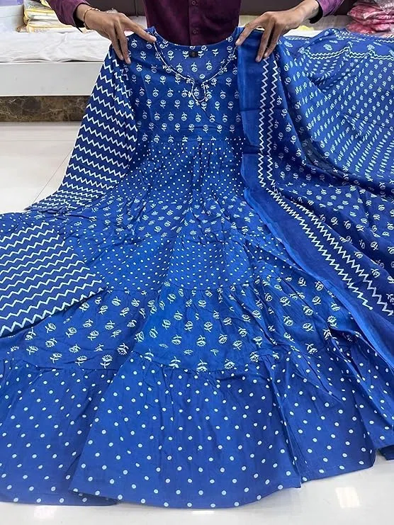 Pantalón Kurta de algodón índigo con estampado a mano para mujer con Dupatta