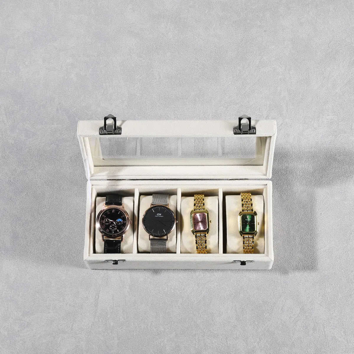 Frebeauty Caja de Reloj de 4 Ranuras con Tapa de Cristal, Organizadora de Terciopelo para Hombres y Mujeres, Almacenamiento con Cerradura, Estuche de Exhibición