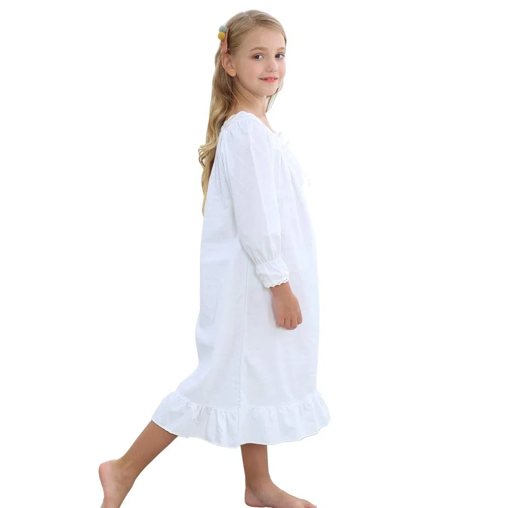 Niña Manga Larga Pijama de Algodón de Vestido de Noche Camisones para Niñas Blanco,90-150 Cm