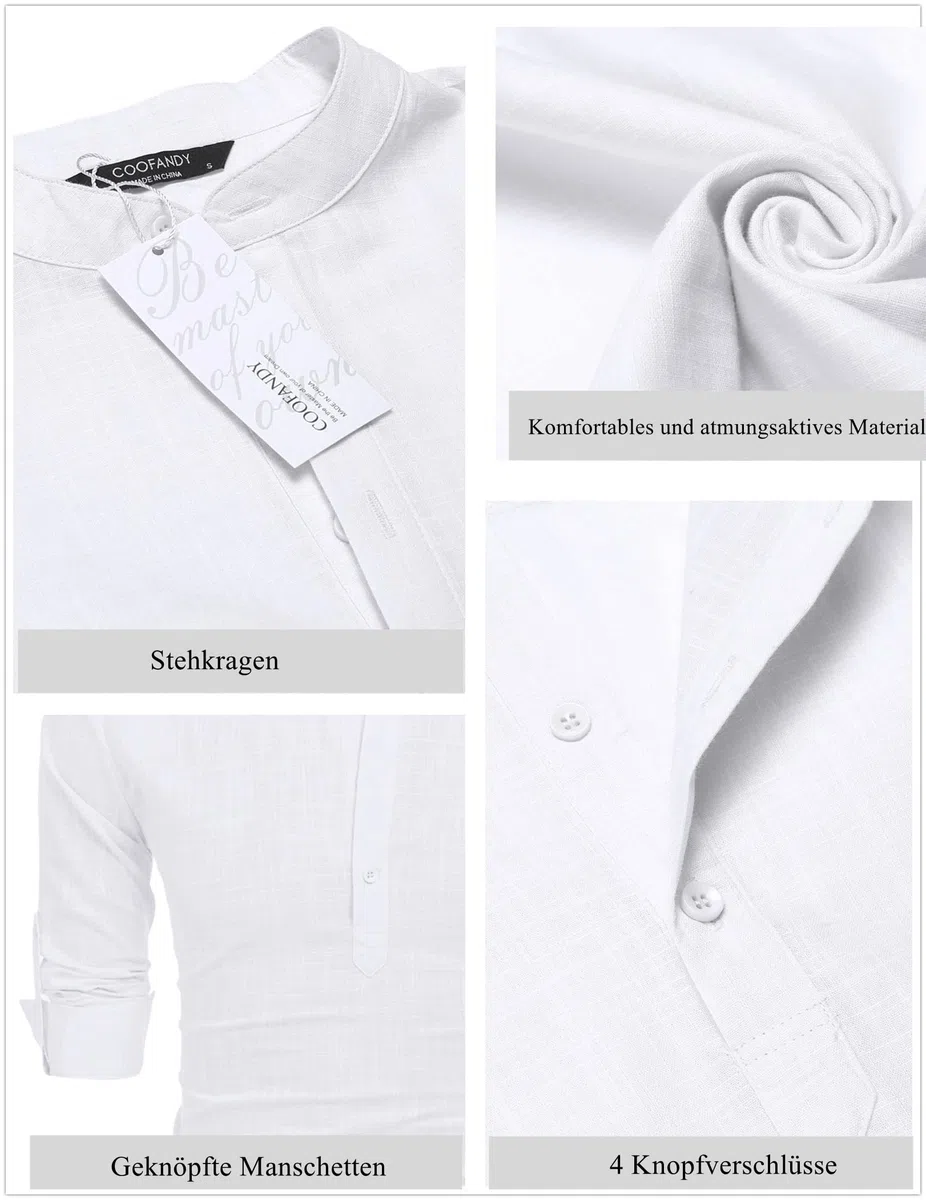 COOFANDY Camisa Henley de Manga Larga para Hombre Camisa de Lino Camisa de algodón Informal de Verano de Ajuste Regular