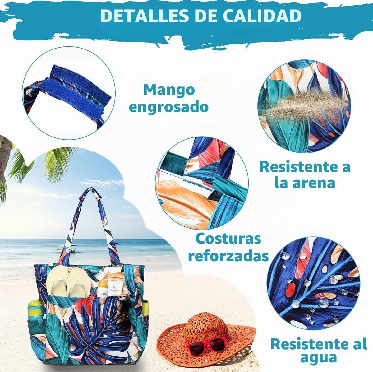 Bolso Playa Mujer, Bolsa Playa Grande XXL Familiar Bolsa de Viaje Impermeable Bolso de Mano Verano Plegable Bolso Shopper Beach Tote Bag para Playa/Viajes/Diario, Hoja Palma