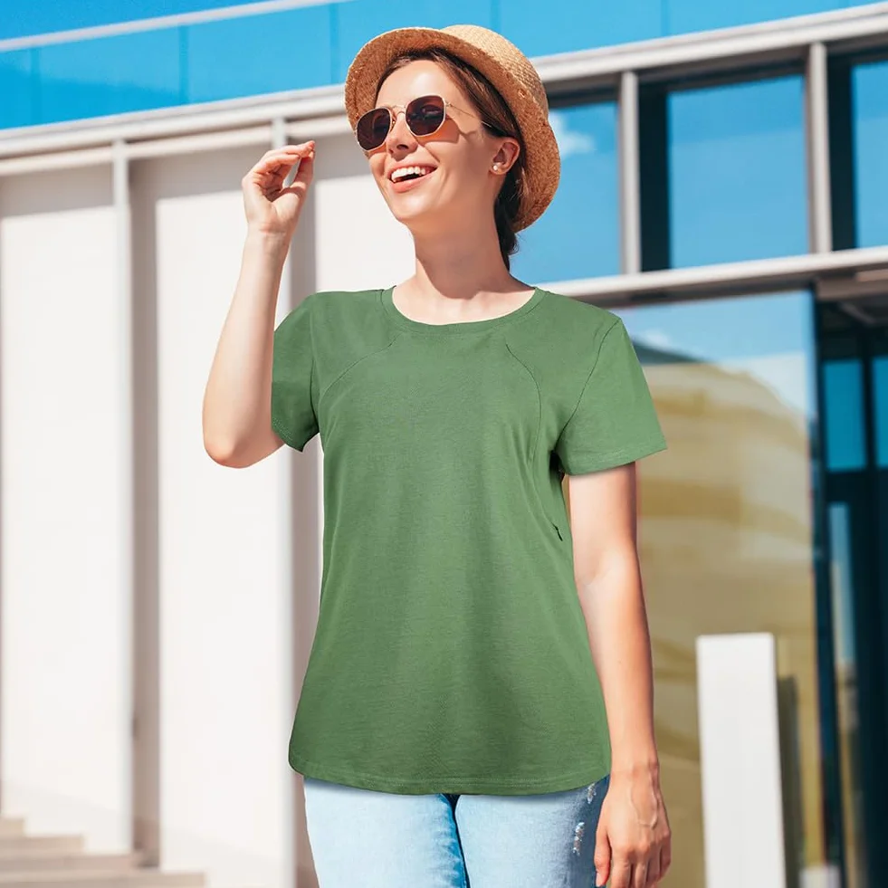 Aolso Camiseta de Maternidad para Mujer, Tops de Verano Superior de Nusring para Amamantar, Manga Corta, Cremallera Oculta, Algodón de Maternidad, Verde-XXL