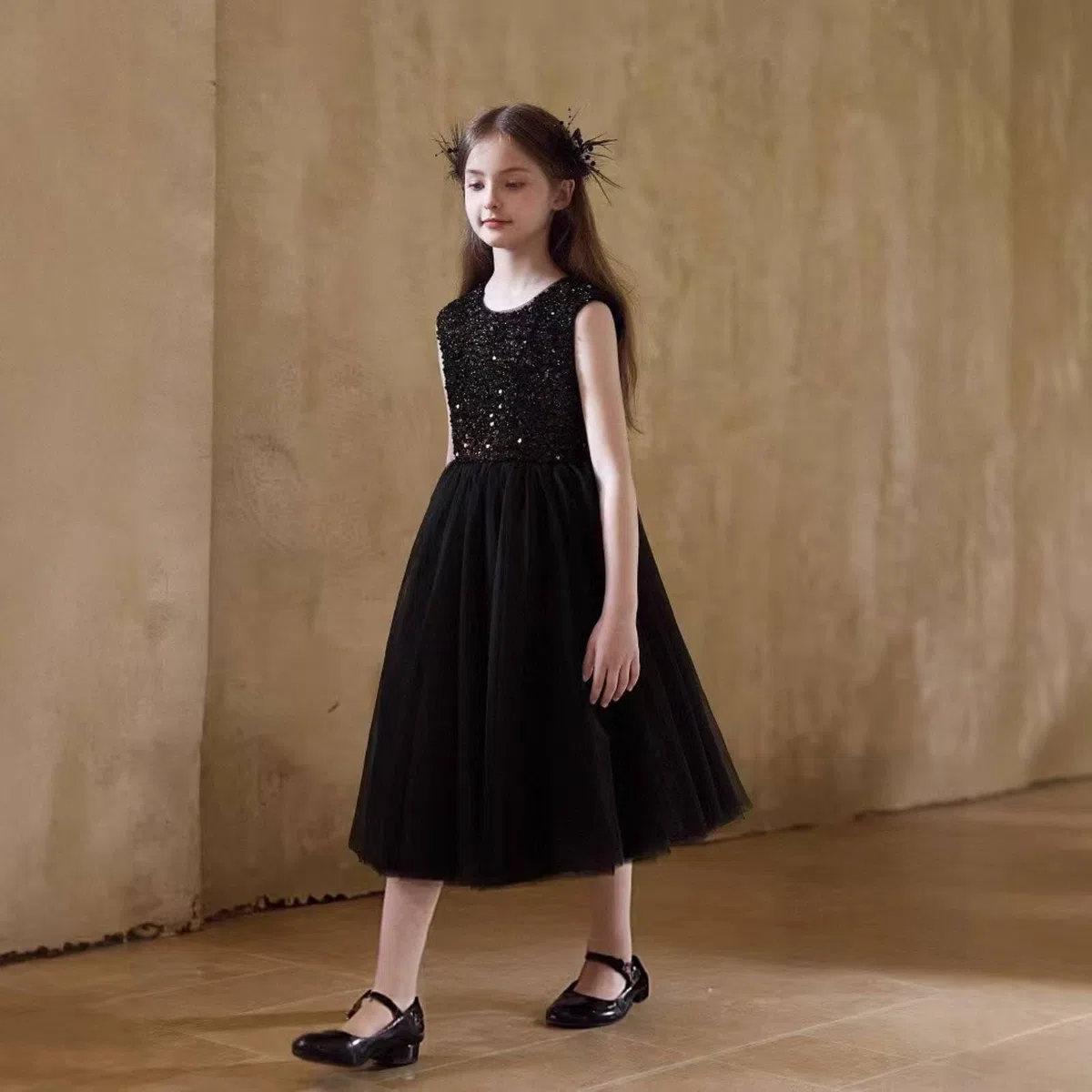 predolo Vestido de Actuación sin Mangas Brillante Vestido de Fiesta Negro Infantil Diseño Elegante para Bodas