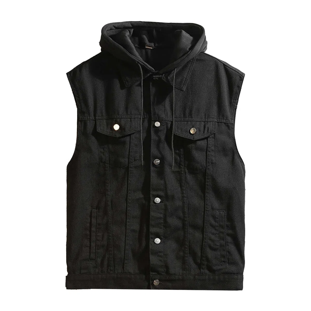 Chaleco vaquero con capucha para hombre, sin mangas, con solapa de botones, con varios bolsillos, cómodo y suave, chaleco vaquero, monocolor, para el tiempo libre