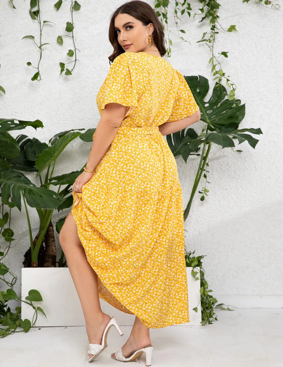 ShopWonder Womens Plus Size V Neck Wrap Maxi High Waist Ruffle Summer Casual Dress with Belt Vestido para Mujer