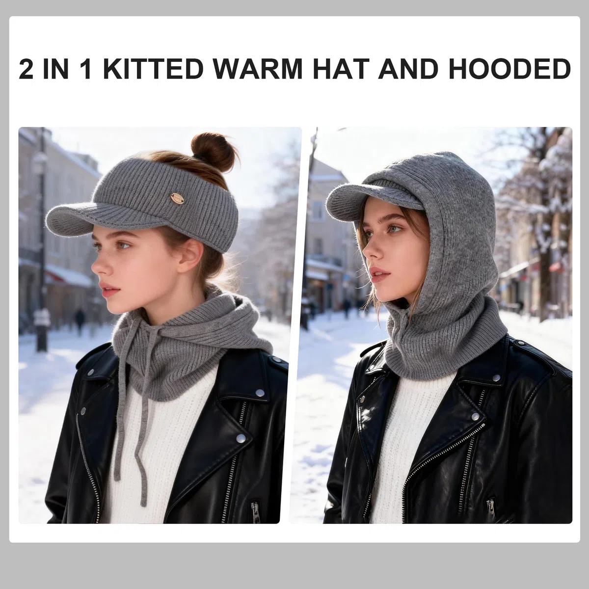 Mujer Invierno Gorro de Punto y Bufanda con Capucha, 2 en 1 Térmicos Prueba de Viento Ajustable Pasamontañas, Moda Gorro con Visera Calentador de Cuello para Deportes al aire libre Diario Correr