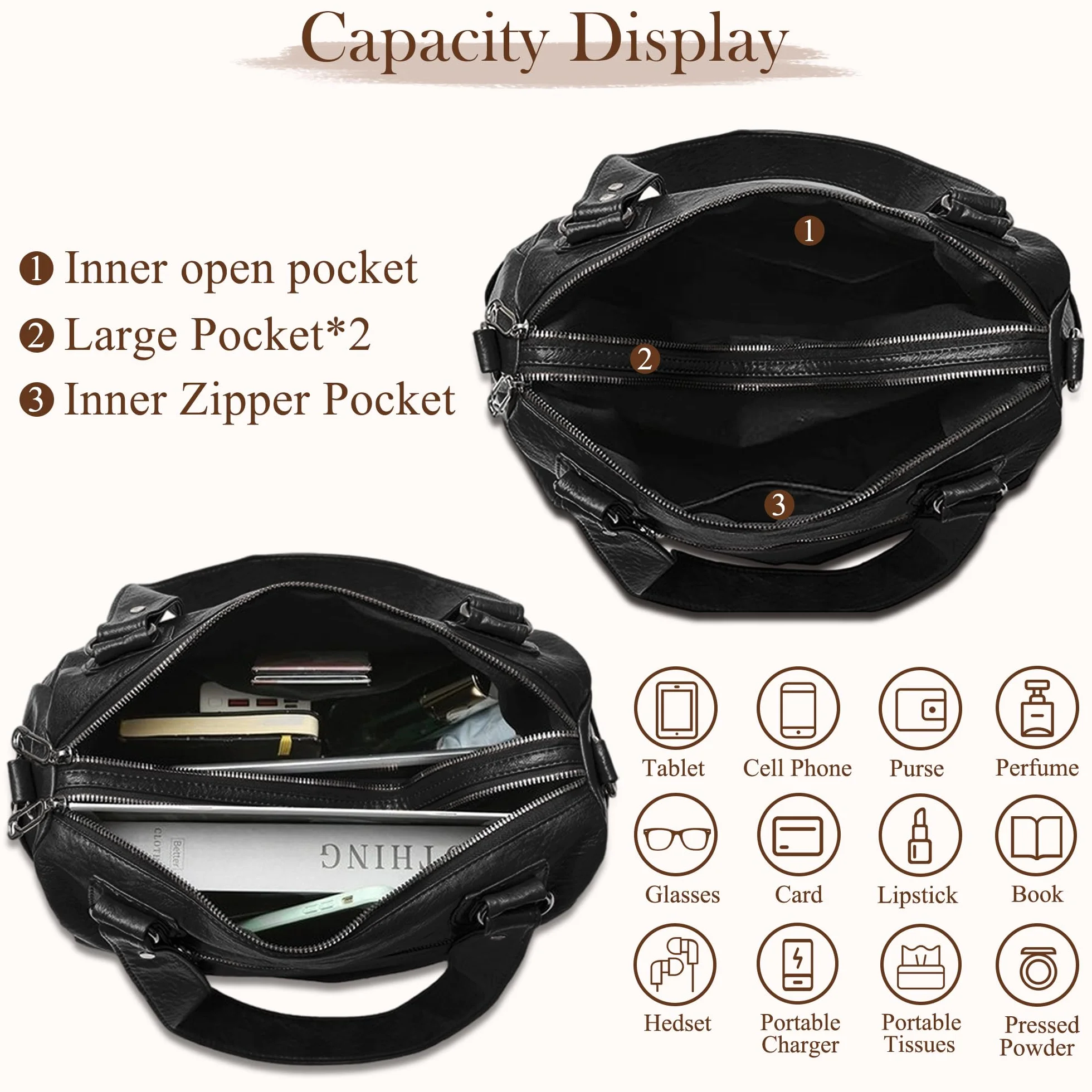 Bolso Mujer PU Fashion Chic, Gran Capacidad Tote Shopper, Bandolera Ajustable y Bolso Hombro Elegante, Ideal Para Oficina, Universidad, Trabajo y Viajes