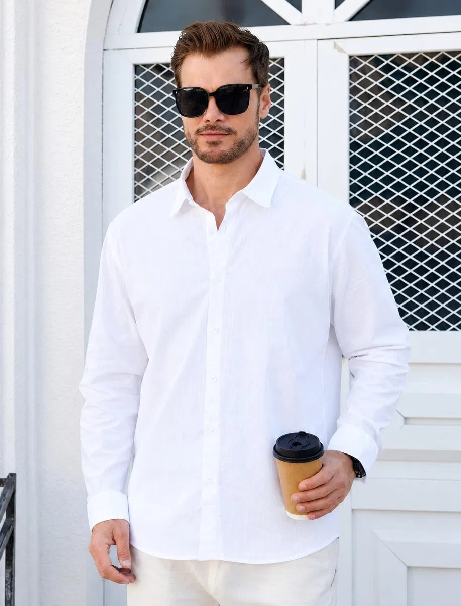 Camisa para Hombre Manga Larga, Camisa Informal de Lino-Algodón, Corte Estándar, Parte Superior Casual de Negocios, Ideal para Vacaciones Playa Verano