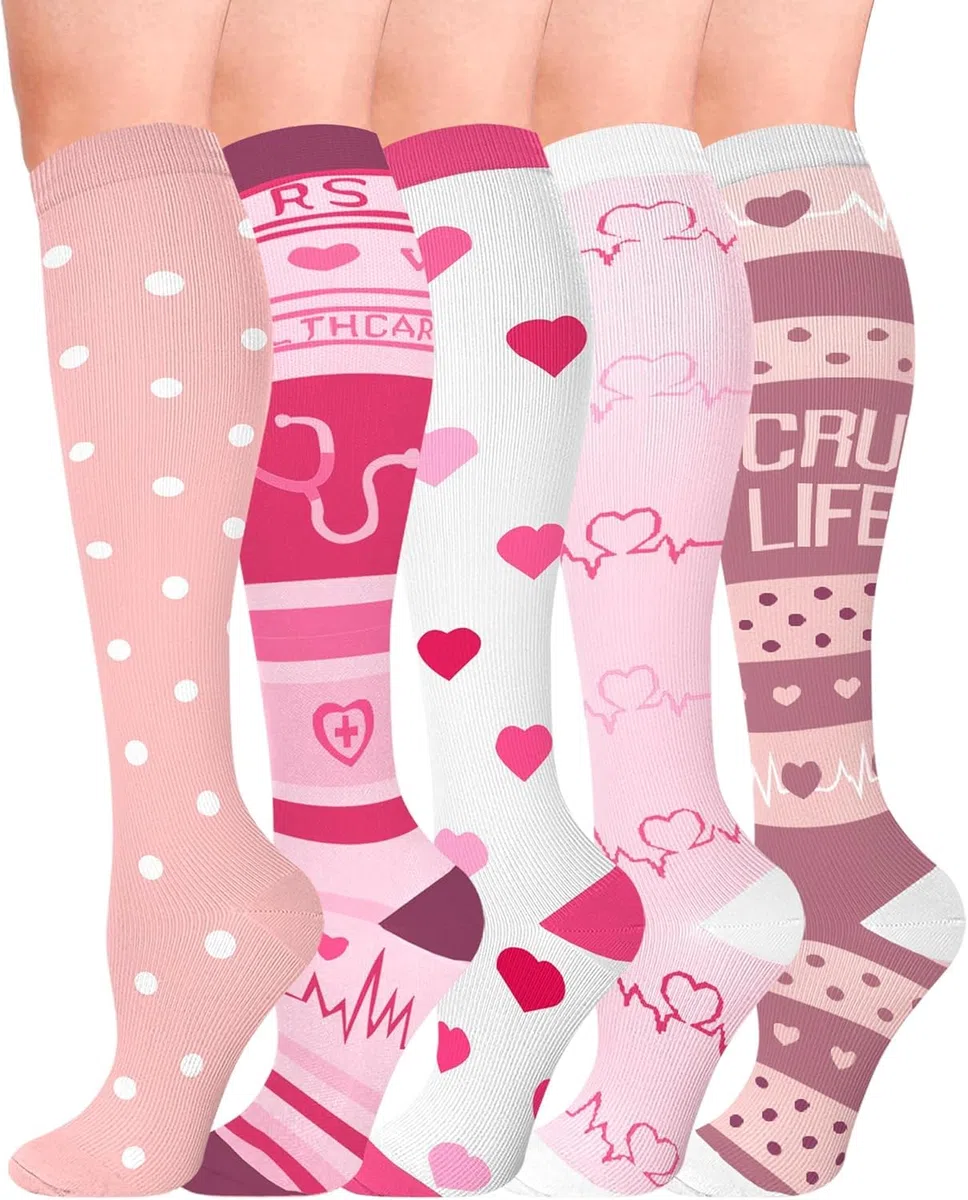 HIPOWER 5 pares de calcetines de compresión para hombre y mujer, coloridos, calcetines de compresión, calcetines de compresión, calcetines de compresión para vuelo, ciclismo, enfermera